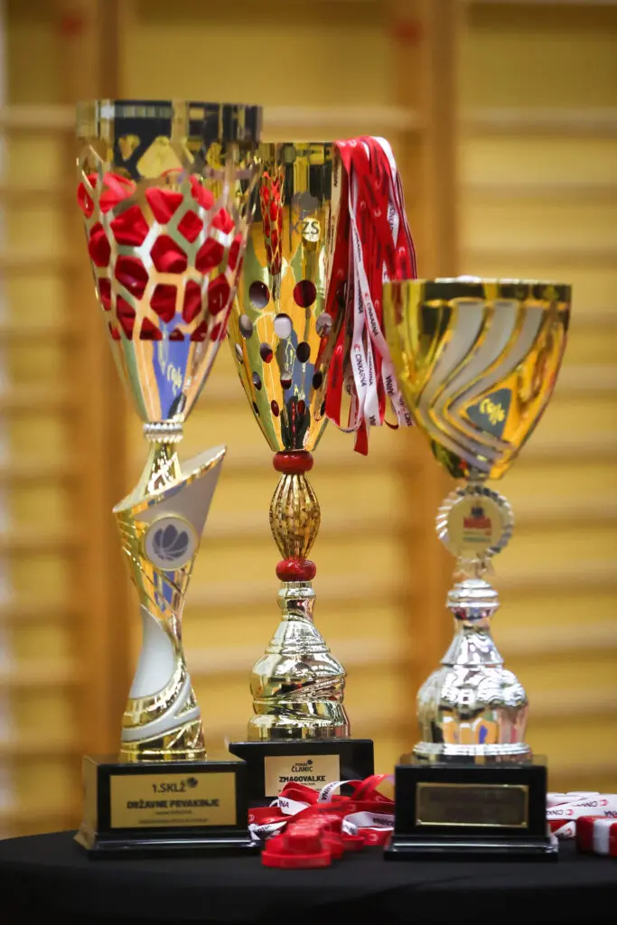 Klubski pokali in medalje, razstavljeni ob dogodku.
